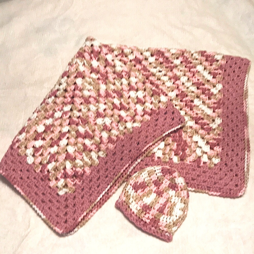 Pink and White Crochet Blanket and Hat Set